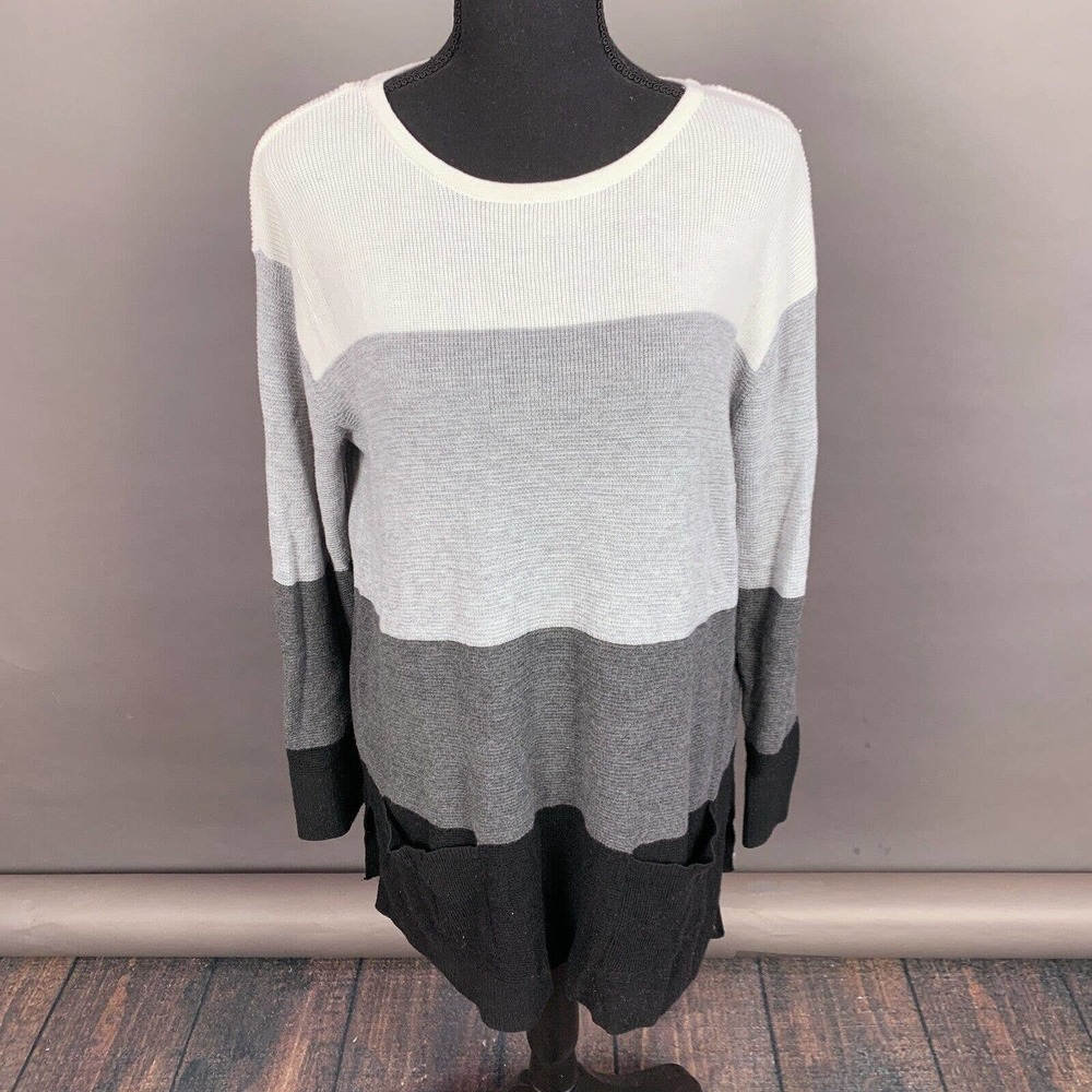 Vince Camuto Colorblock Gray Waffle Knit Stripe Sweater Shirt Tunic Size Medium